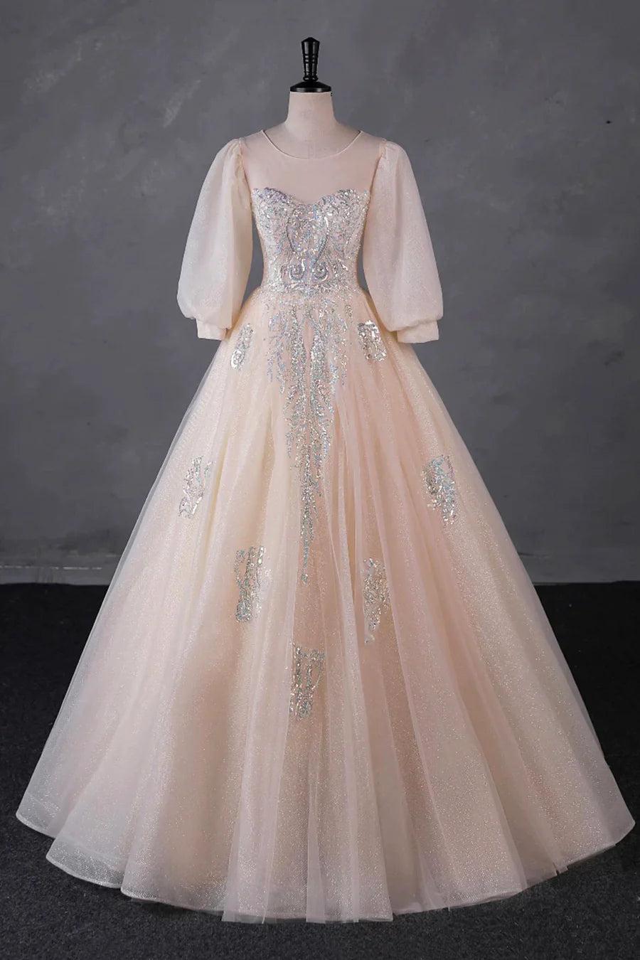 Champagne Tulle Sequins Floor length Long Prom Dress A-Line Long Sleeve Evening Party Dress