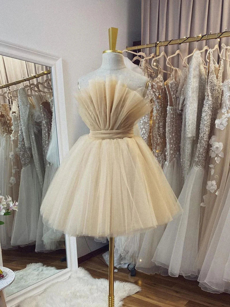 A model wearing a champagne tulle short A-line V-neck prom dress, posing elegantly.