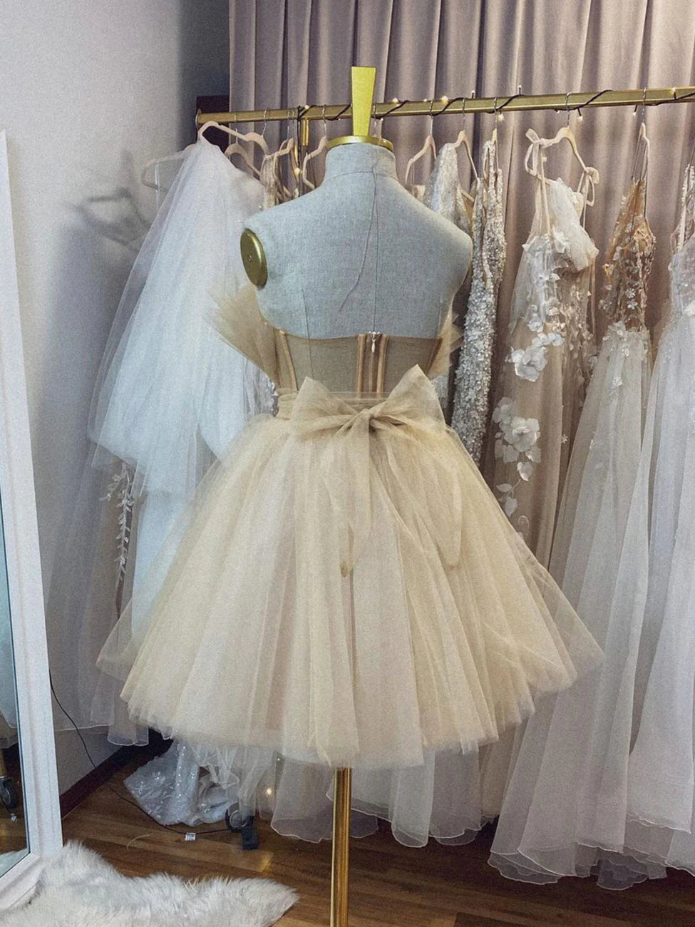 Back view of a model in a champagne tulle short A-line V-neck homecoming dress, showcasing the delicate fabric.