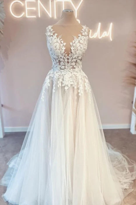 Discount Charming A-Line Lace Tulle Applique V Neck Open Back Wedding Dress With Train