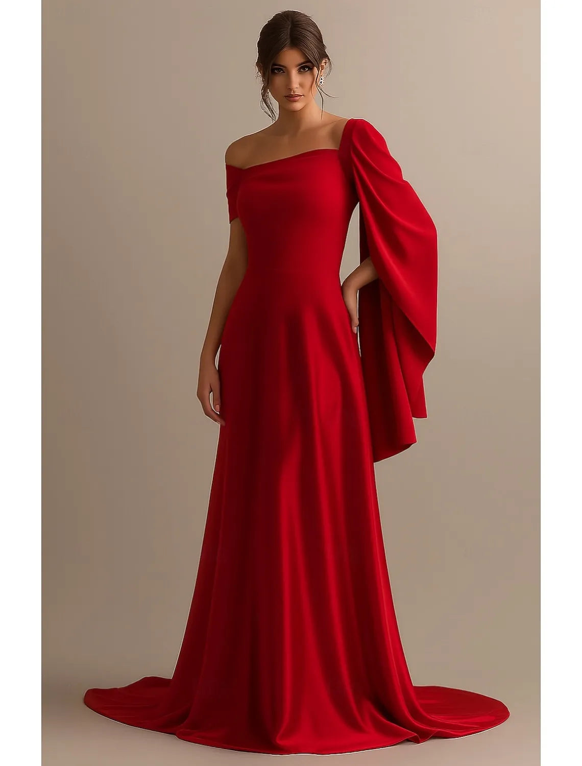 Charming A-Line Off Shoulder Cape Red Train Prom Dress Hot Sale