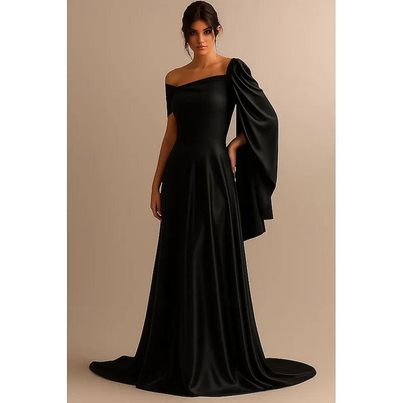 Charming A-Line Off Shoulder Cape Red Train Prom Dress Hot Sale