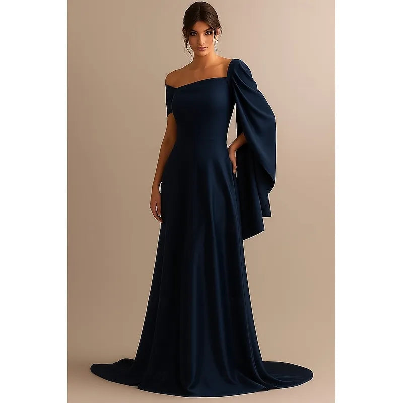 Charming A-Line Off Shoulder Cape Red Train Prom Dress Hot Sale
