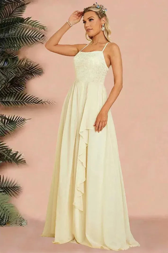 Charming A-Line Spaghetti-Strap Ruffle Lace Chiffon Cream Floor-Length Prom Dress