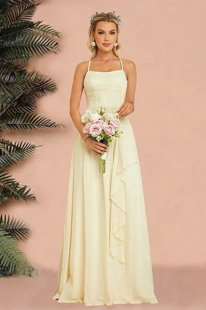 Charming A-Line Spaghetti-Strap Ruffle Lace Chiffon Cream Floor-Length Prom Dress