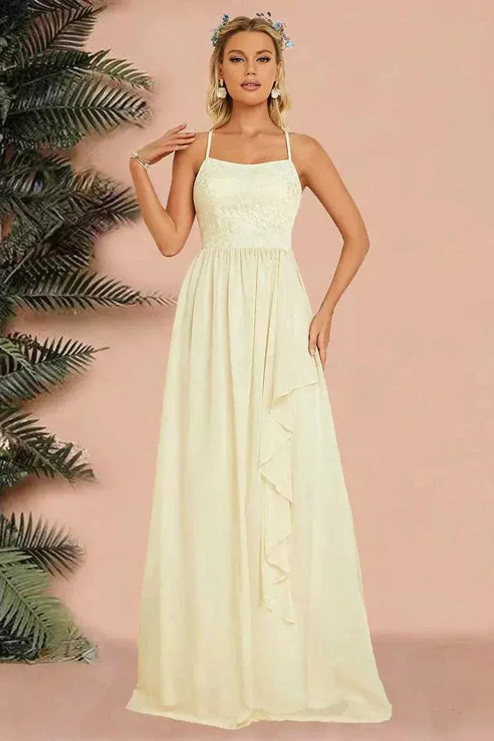 Charming A-Line Spaghetti-Strap Ruffle Lace Chiffon Cream Floor-Length Prom Dress