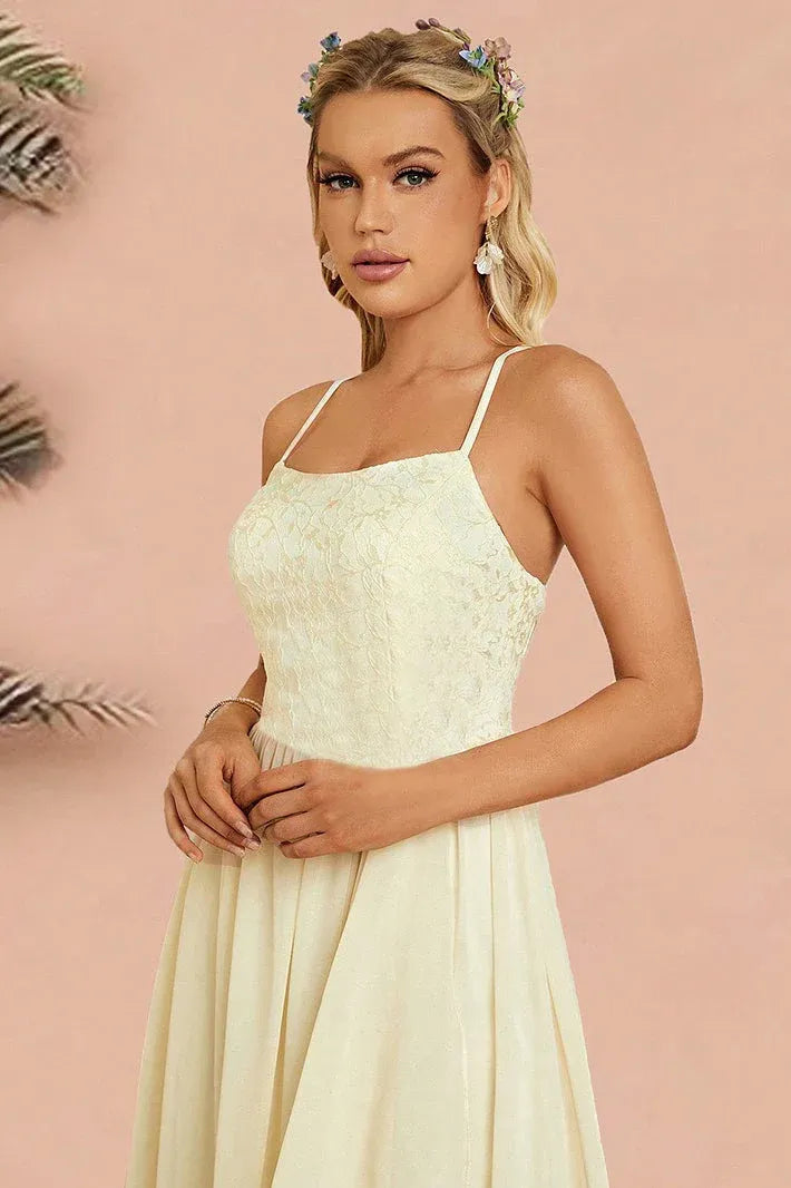Charming A-Line Spaghetti-Strap Ruffle Lace Chiffon Cream Floor-Length Prom Dress