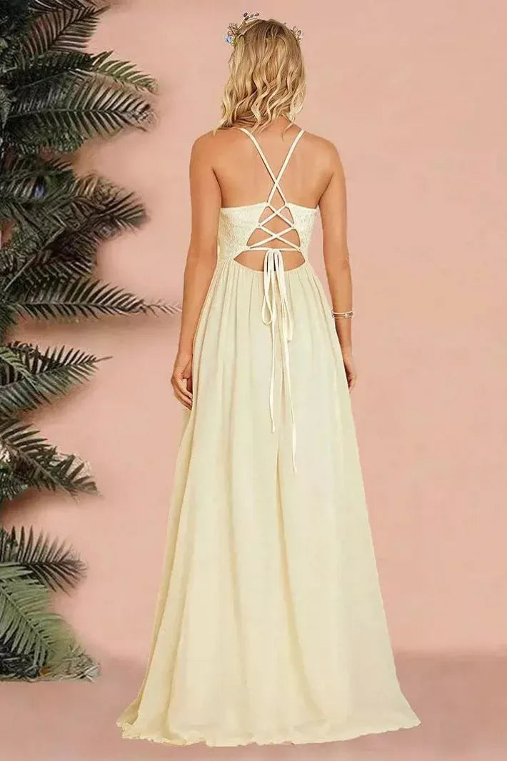 Charming A-Line Spaghetti-Strap Ruffle Lace Chiffon Cream Floor-Length Prom Dress