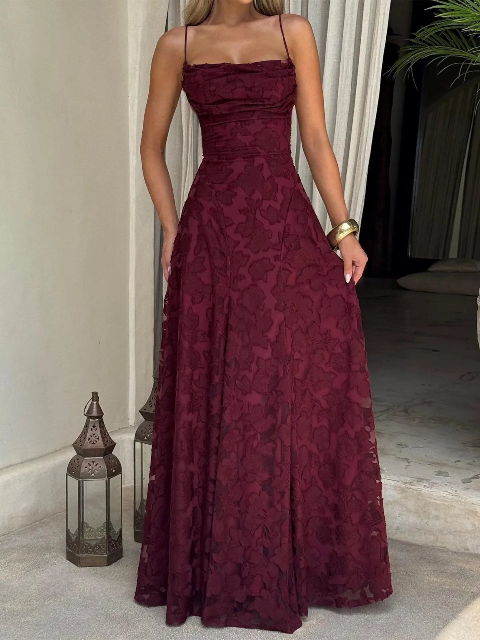 Romantic A-Line Spaghetti Straps Lace Burgundy Long Prom Dress With Lace-Up Back