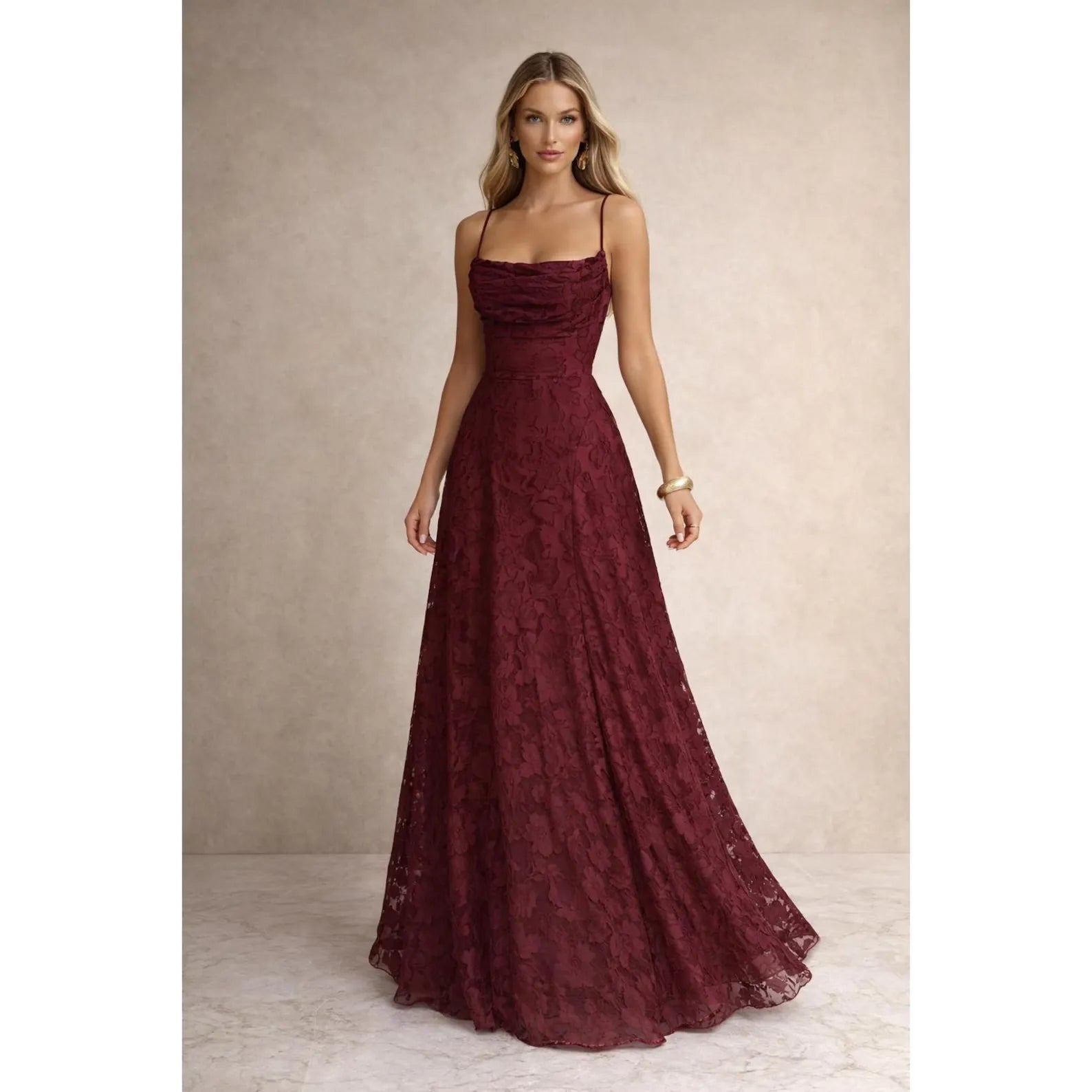 Romantic A-Line Spaghetti Straps Lace Burgundy Long Prom Dress With Lace-Up Back