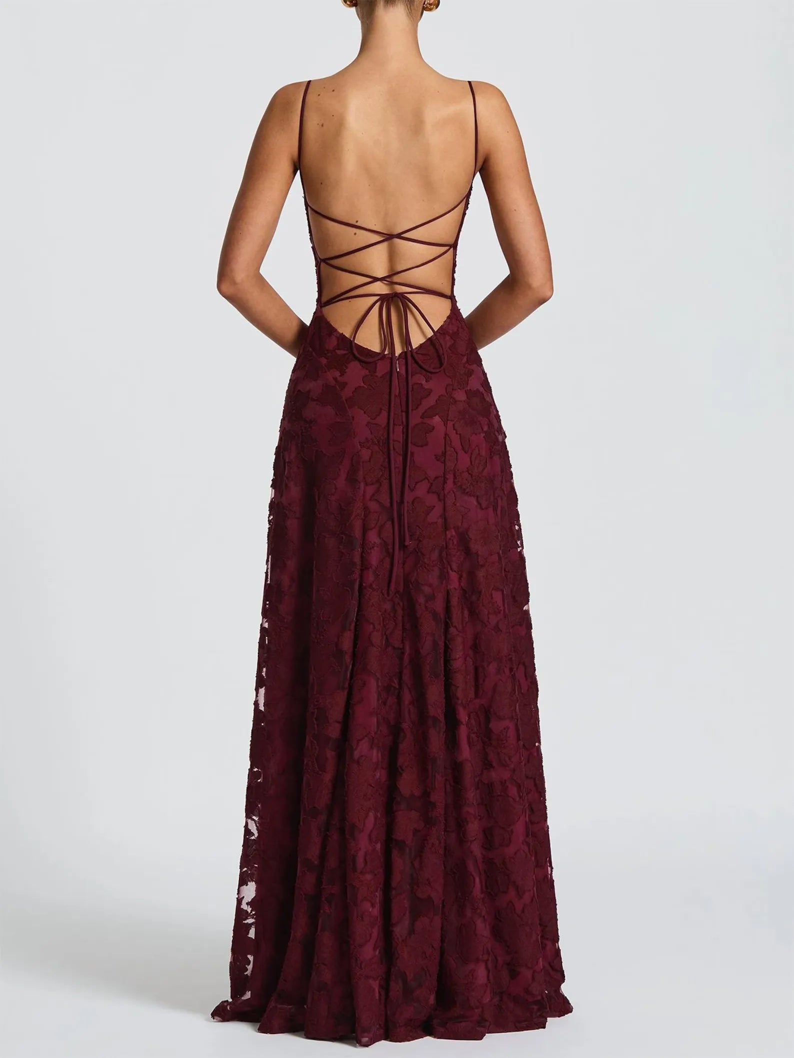 Romantic A-Line Spaghetti Straps Lace Burgundy Long Prom Dress With Lace-Up Back