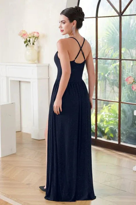 Charming A-Line Spaghetti Straps Sparkle Navy Floor Length Prom Dress With Slit