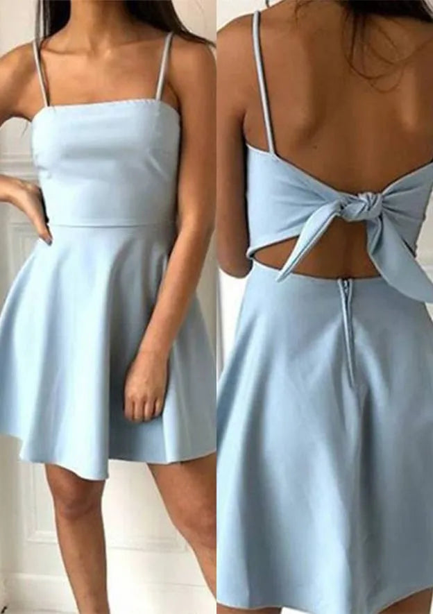 Charming A-Line Square Neck Spaghetti Strap Tie-Back Light Blue Mini Homecoming Dress