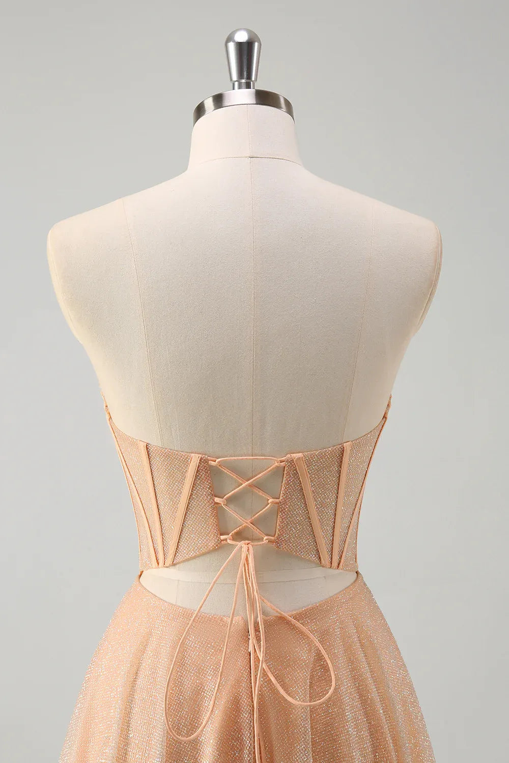 Charming A-Line Strapless Corset Glitter Peach Maxi Prom Dress With Slit