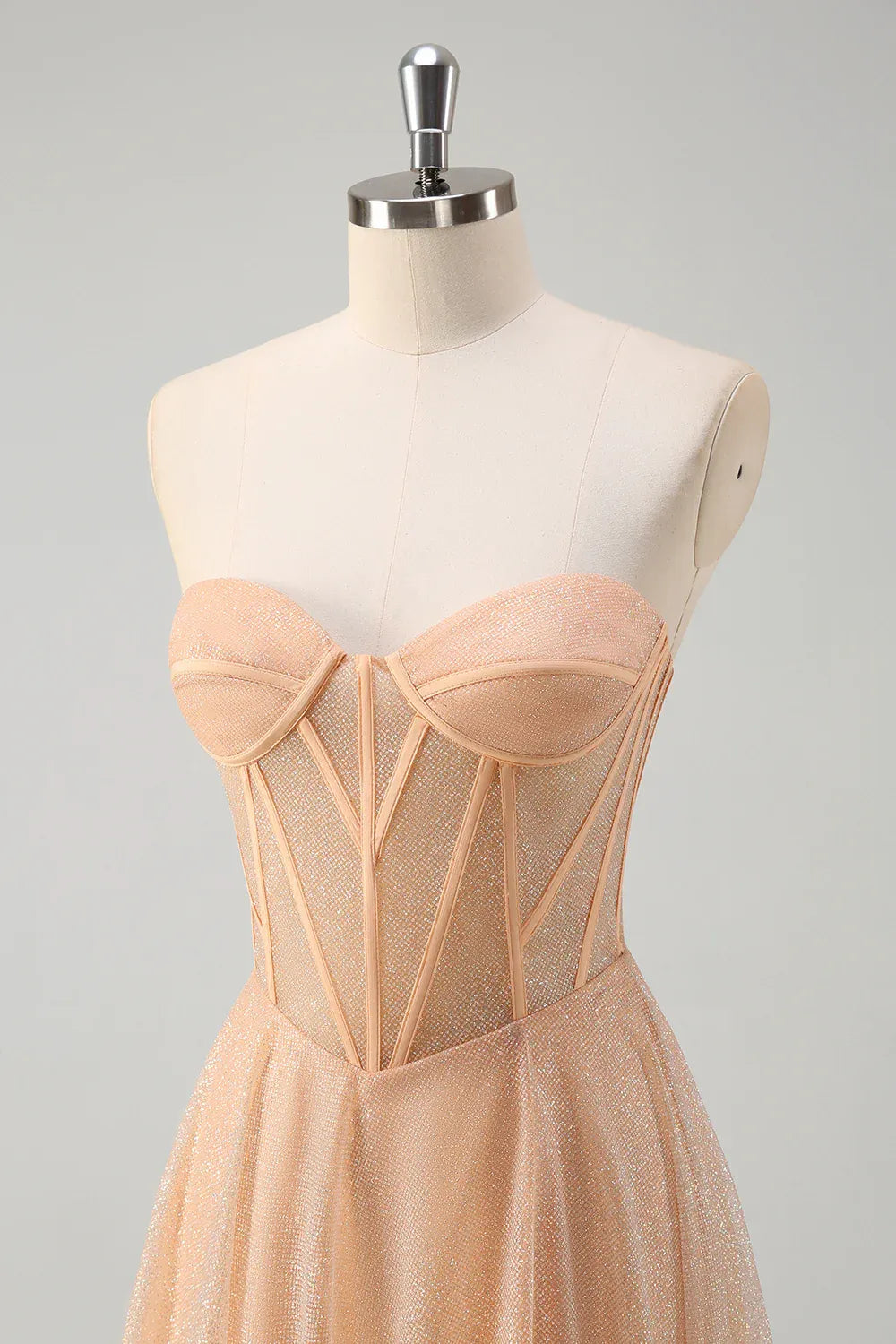 Charming A-Line Strapless Corset Glitter Peach Maxi Prom Dress With Slit