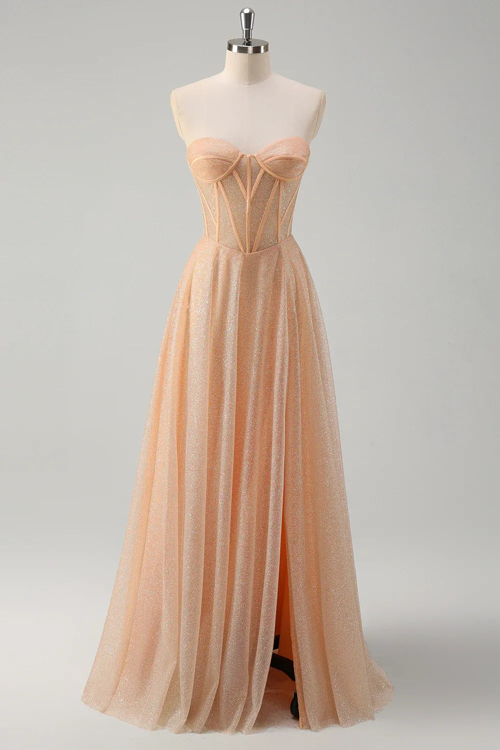 Charming A-Line Strapless Corset Glitter Peach Maxi Prom Dress With Slit