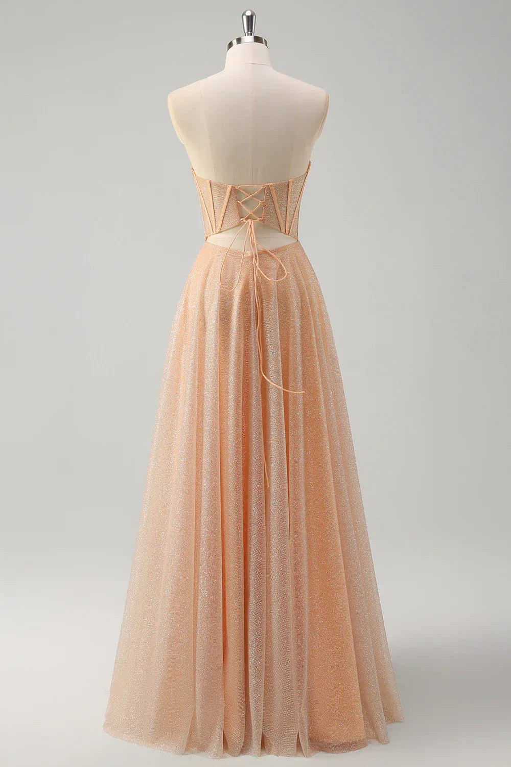 Charming A-Line Strapless Corset Glitter Peach Maxi Prom Dress With Slit