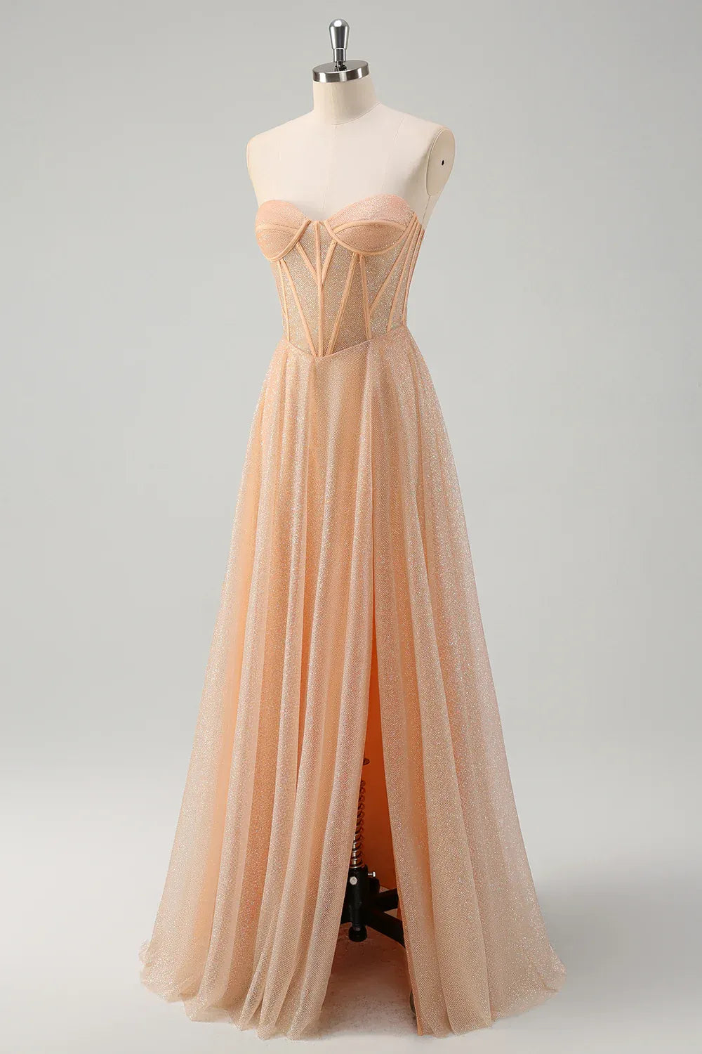 Charming A-Line Strapless Corset Glitter Peach Maxi Prom Dress With Slit