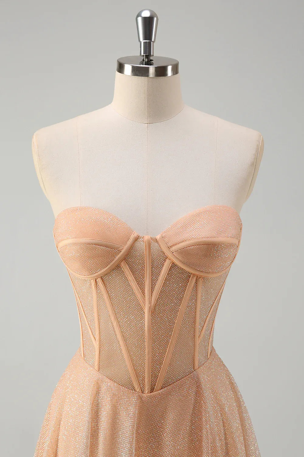 Charming A-Line Strapless Corset Glitter Peach Maxi Prom Dress With Slit