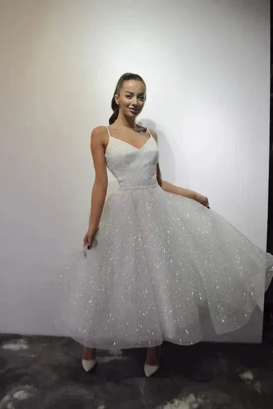 Charming A-Line V Neck Spaghetti Straps Beaded Glitter White Prom Dress