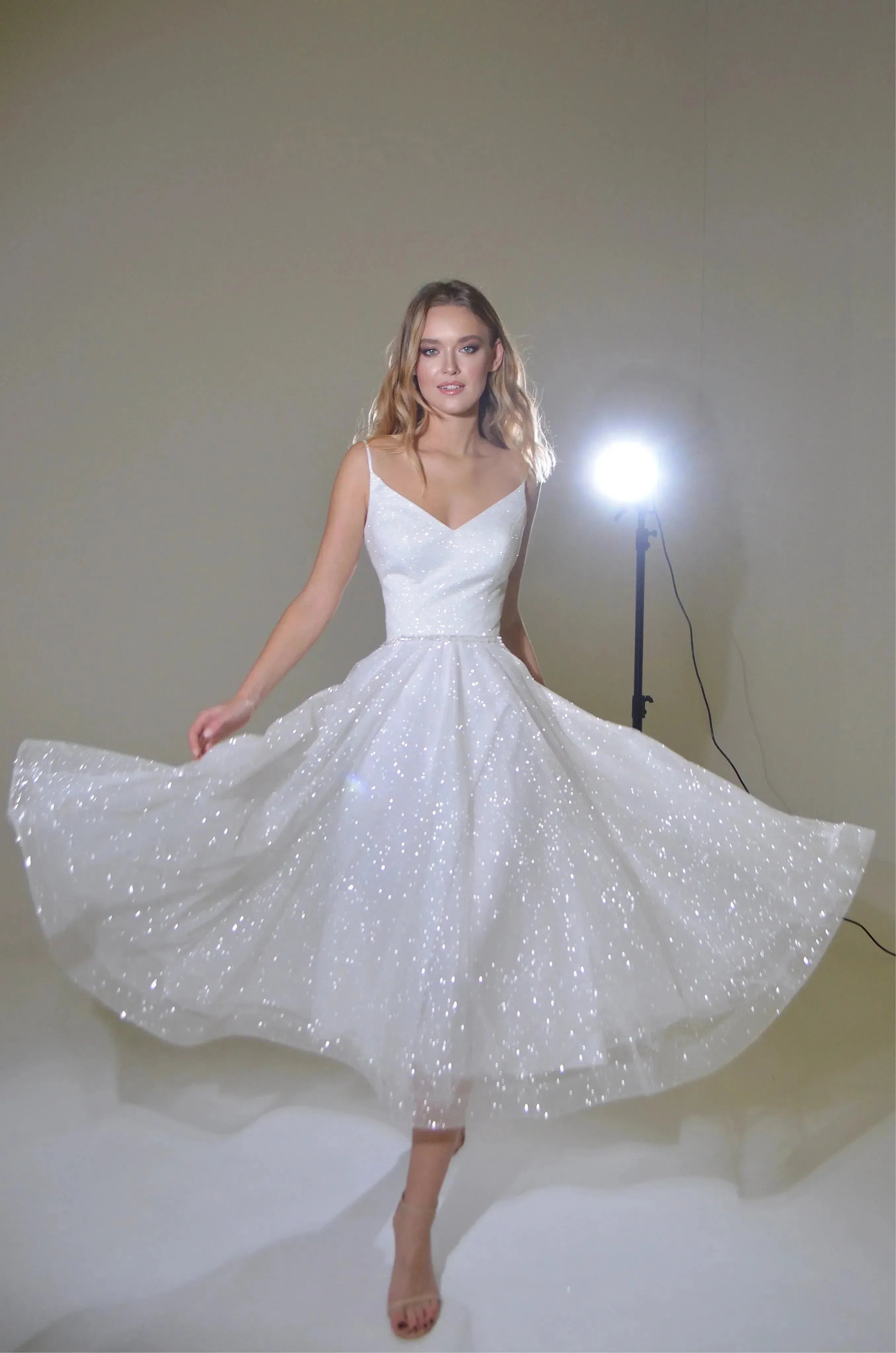 Charming A-Line V Neck Spaghetti Straps Beaded Glitter White Prom Dress