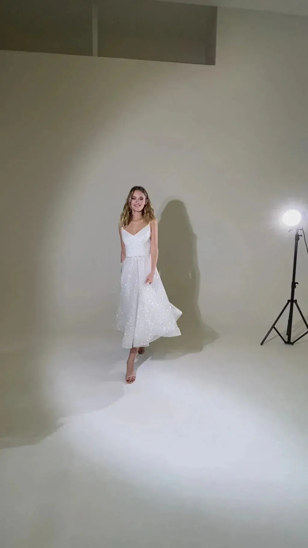Charming A-Line V Neck Spaghetti Straps Beaded Glitter White Prom Dress