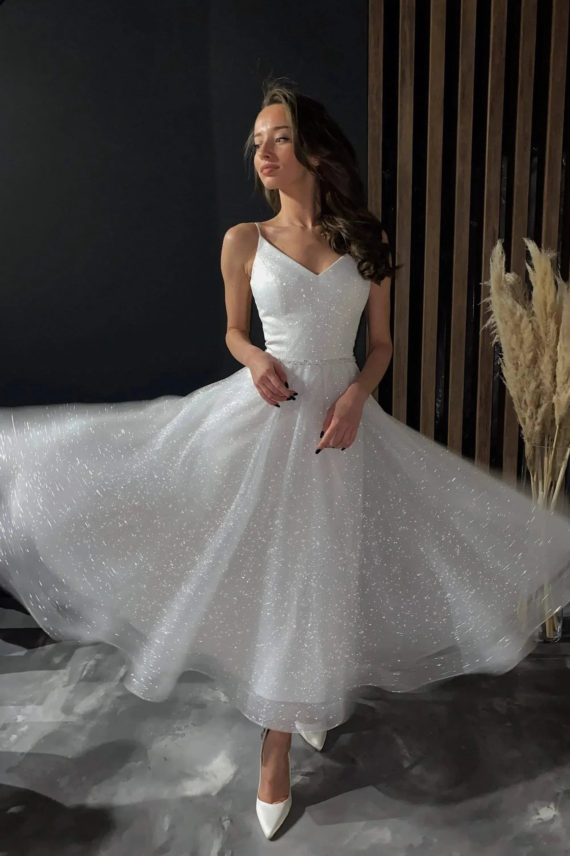 Charming A-Line V Neck Spaghetti Straps Beaded Glitter White Prom Dress