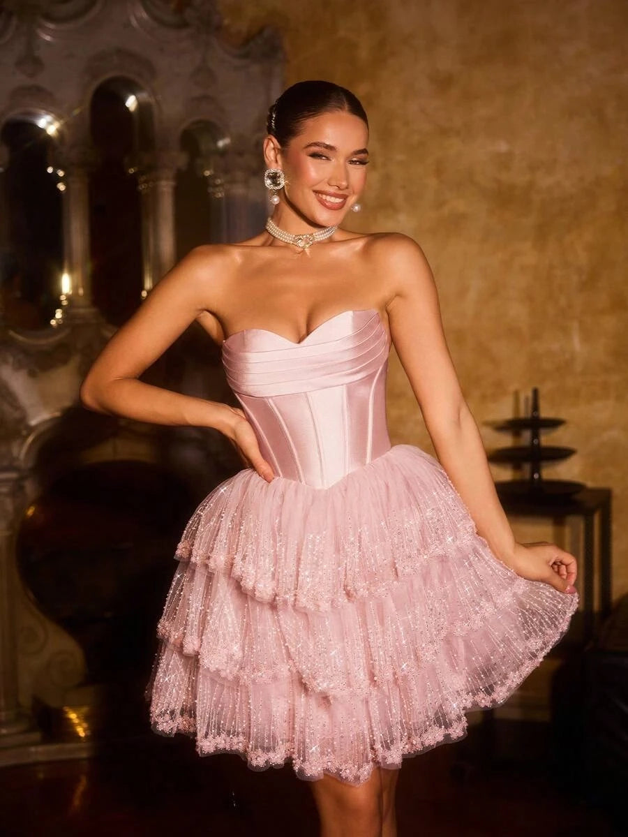 Charming A-line Sweetheart Corset Tiered Glitter Sequin Satin Pink Mini Homecoming Dress