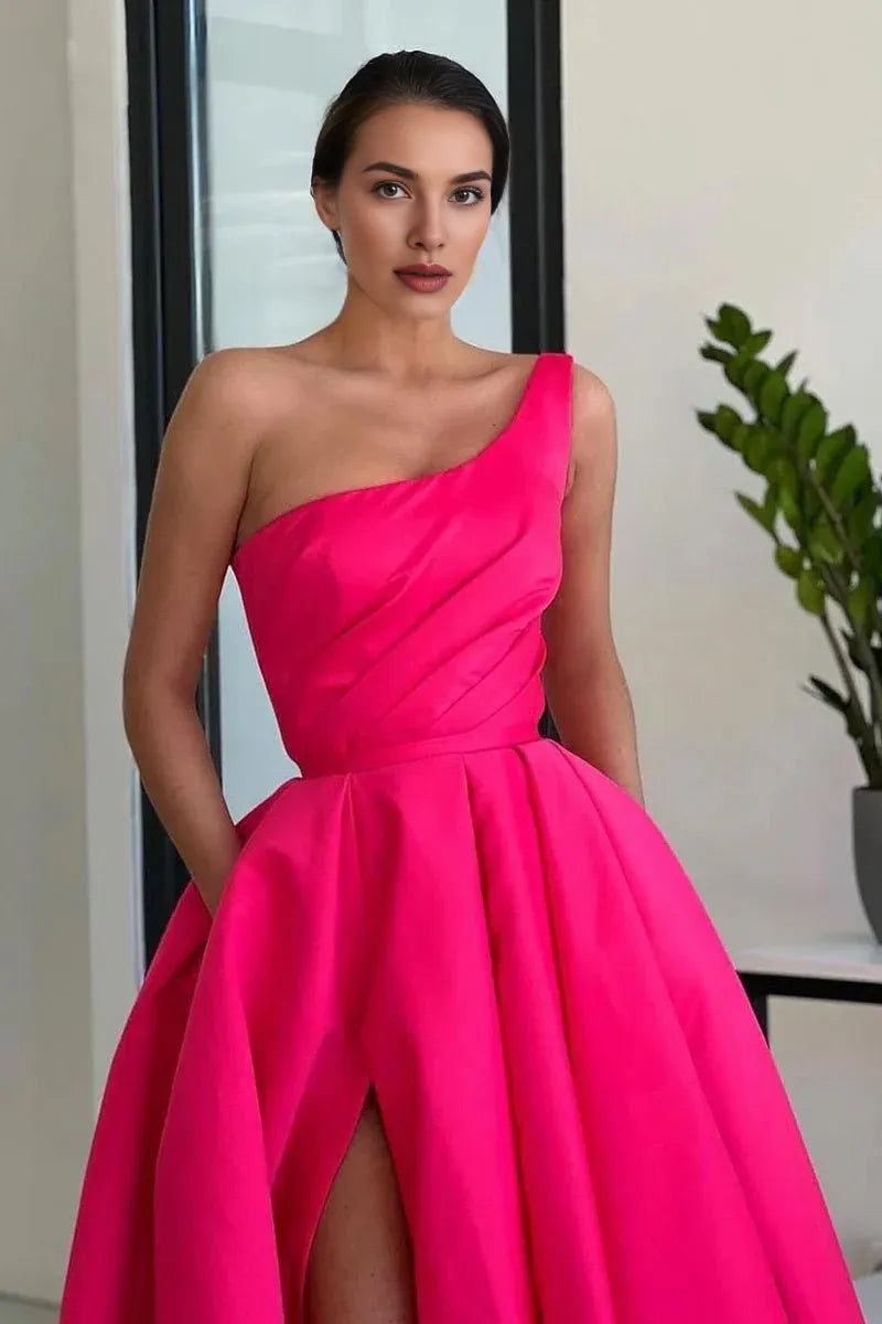 Charming A Line One Shoulder Fuchsia Long Evening Dresses With Slit