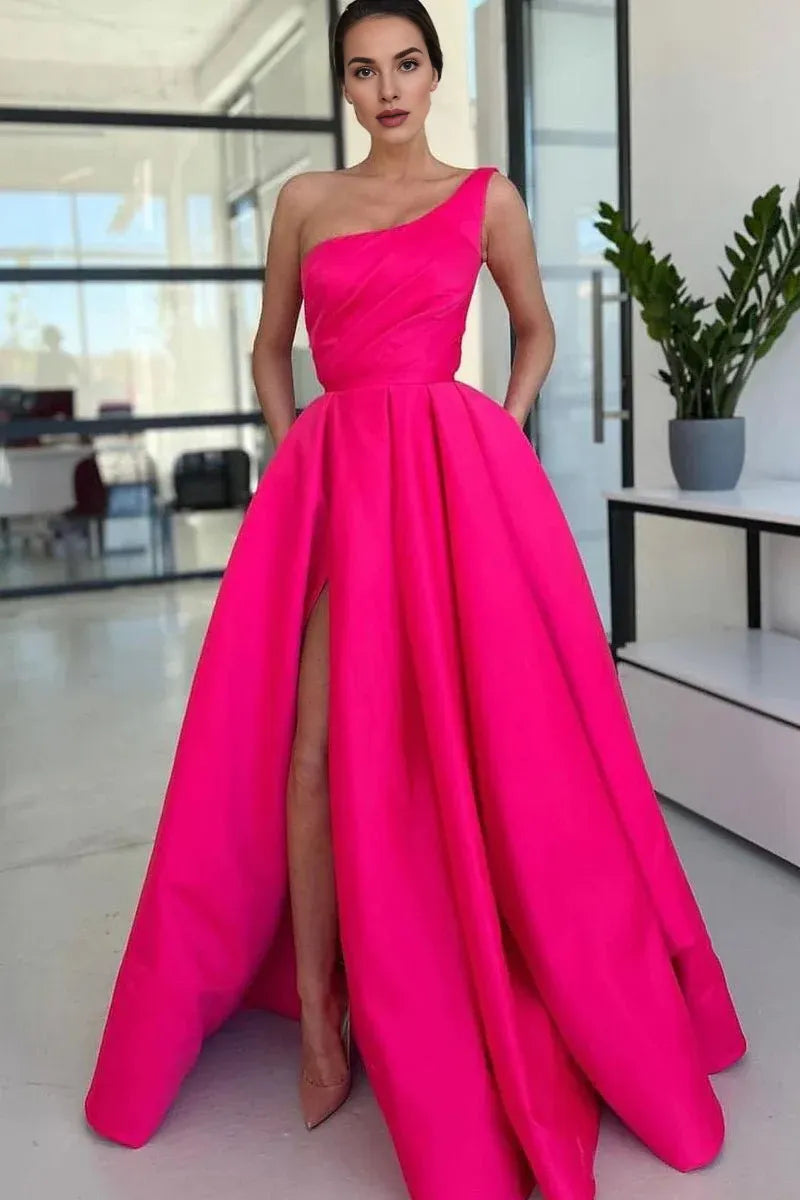 Charming A Line One Shoulder Fuchsia Long Evening Dresses With Slit
