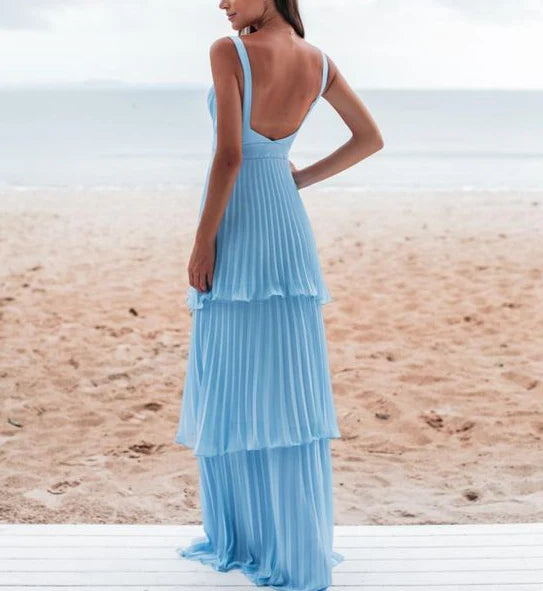 Charming Blue Chiffon Pleated V Neck Prom Dress Sleeveless Tiered Long Evening Dress