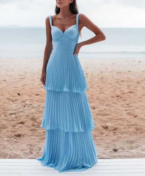 Charming Blue Chiffon Pleated V Neck Prom Dress Sleeveless Tiered Long Evening Dress
