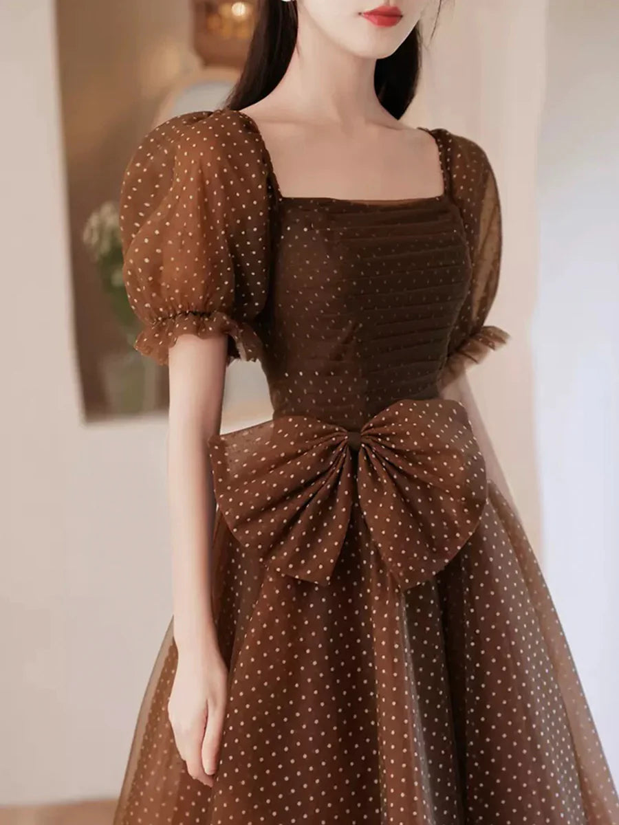 Charming Brown Tulle Floor Length Prom Dress A-Line Short Sleeve Evening Dress Bargain Party Dresses For Ladies