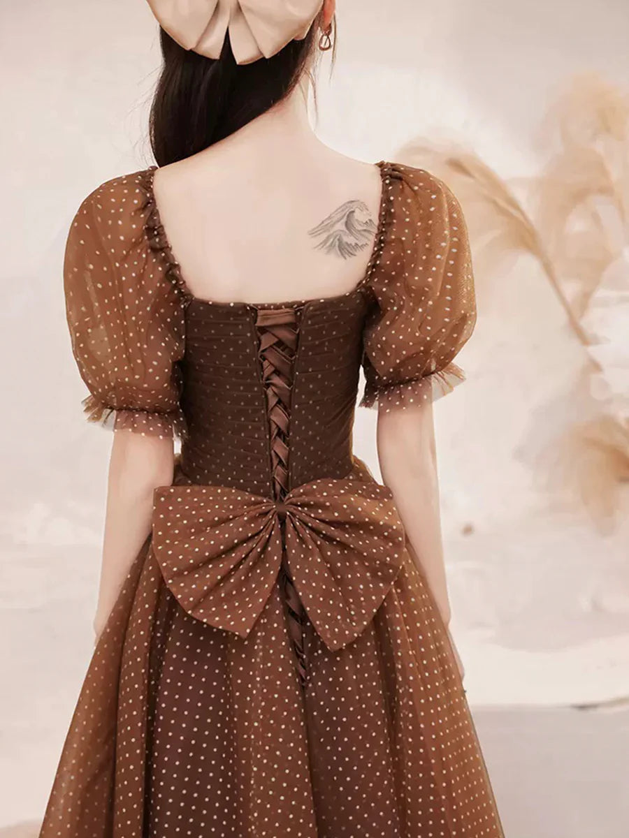 Charming Brown Tulle Floor Length Prom Dress A-Line Short Sleeve Evening Dress Bargain Party Dresses For Ladies