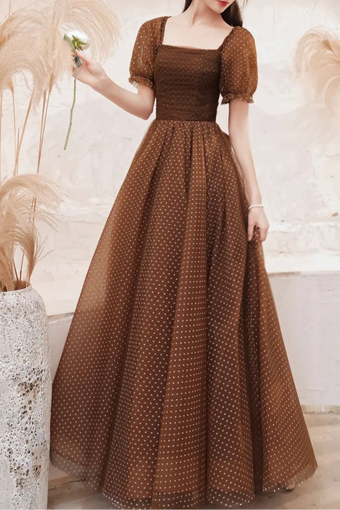 Charming Brown Tulle Floor Length Prom Dress A-Line Short Sleeve Evening Dress Bargain Party Dresses For Ladies