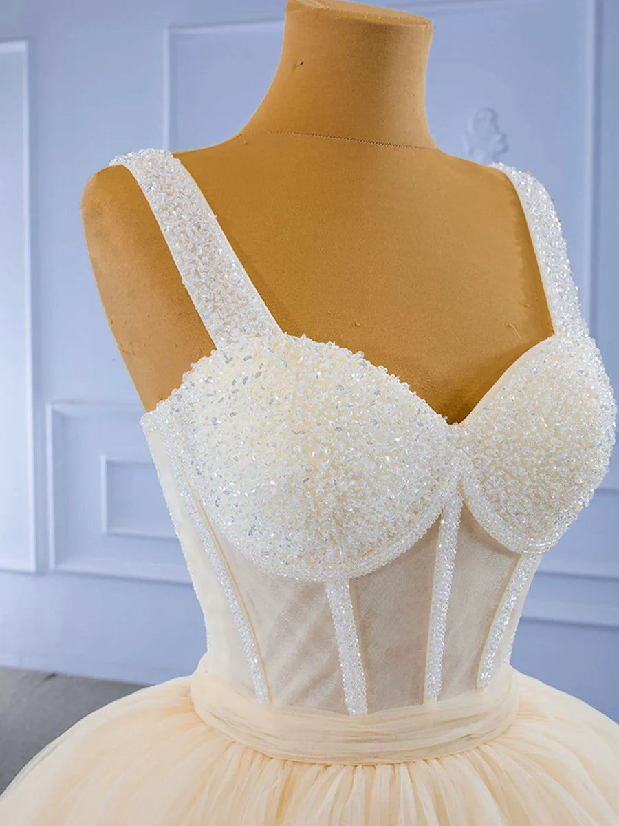 Charming Champagne Tulle Tiered Beaded Tea Length Homecoming Dress A-line Graduation Dress