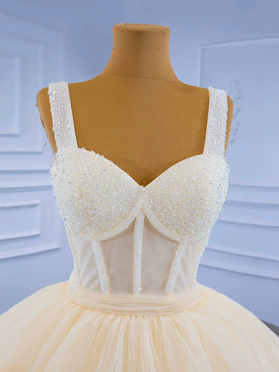 Charming Champagne Tulle Tiered Beaded Tea Length Homecoming Dress A-line Graduation Dress