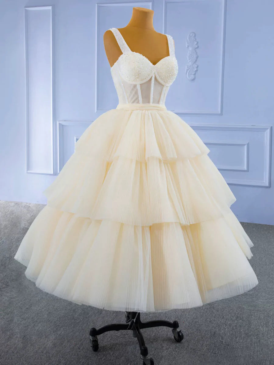 Charming Champagne Tulle Tiered Beaded Tea Length Homecoming Dress A-line Graduation Dress