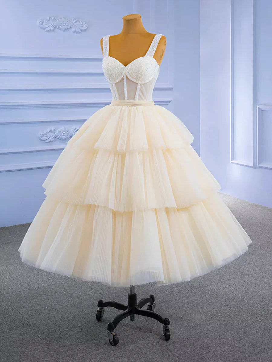 Charming Champagne Tulle Tiered Beaded Tea Length Homecoming Dress A-line Graduation Dress