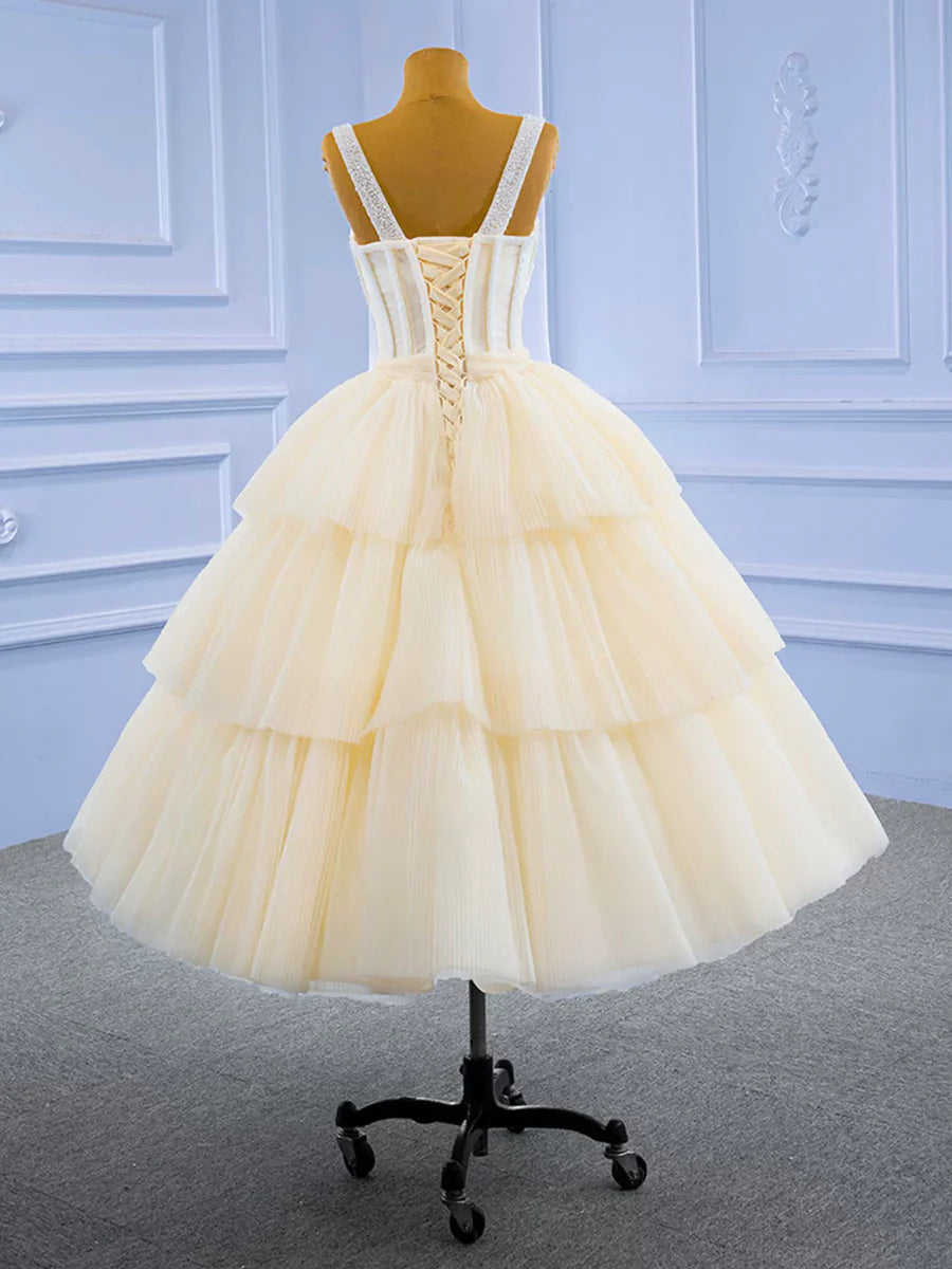 Charming Champagne Tulle Tiered Beaded Tea Length Homecoming Dress A-line Graduation Dress