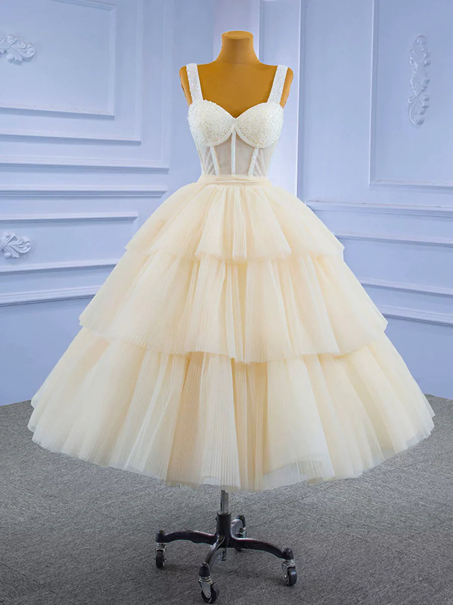 Charming Champagne Tulle Tiered Beaded Tea Length Homecoming Dress A-line Graduation Dress