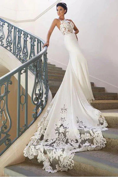 Charming Lace Appliques Mermaid Spaghetti Straps Sleeveless Wedding Dresses With Overlength Train