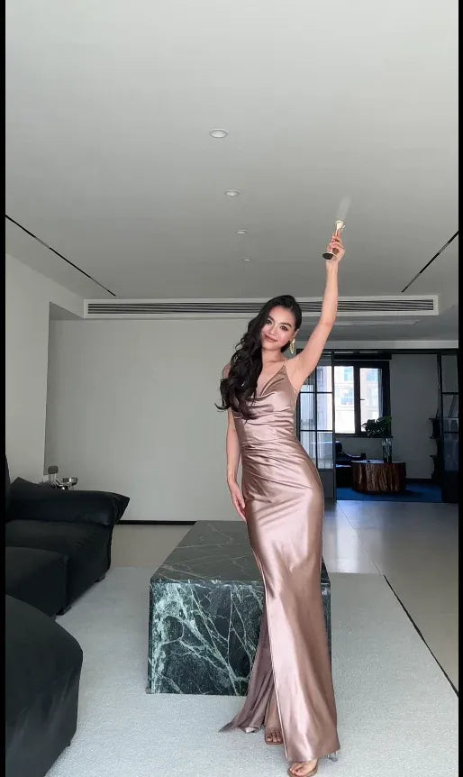Charming Mermaid Cowl Neck Spaghetti Strap Satin Champagne Prom Dress With Slit