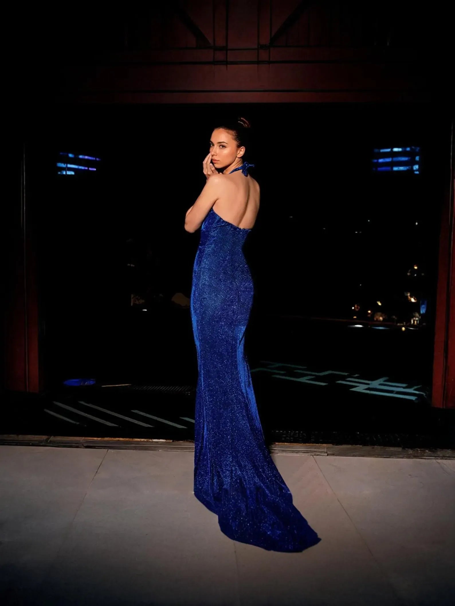 Charming Mermaid Halter Open Back Glitter Royal Blue Train Prom Dress With Slit