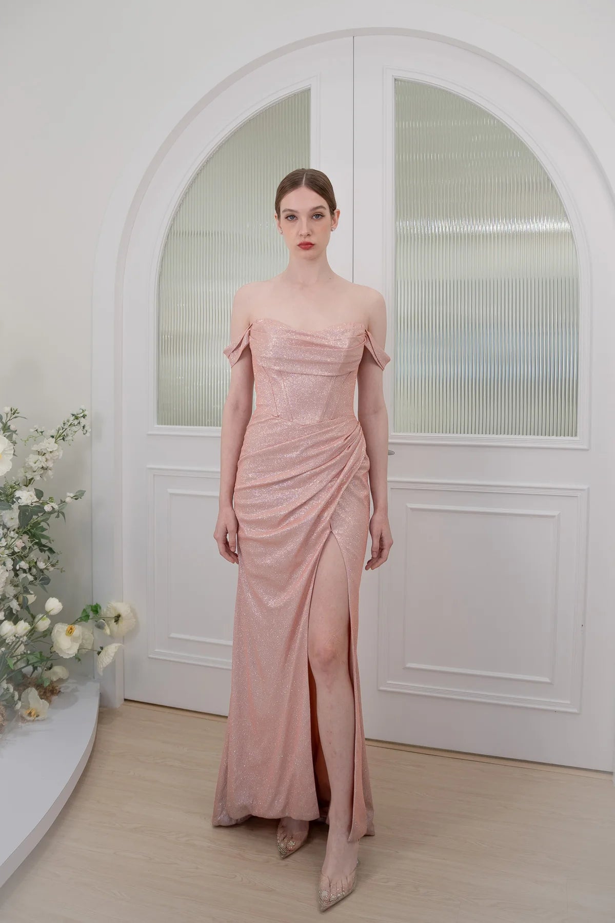 Charming Mermaid Off-Shoulder Ruched Slit Glitter Blush Long Prom Dress