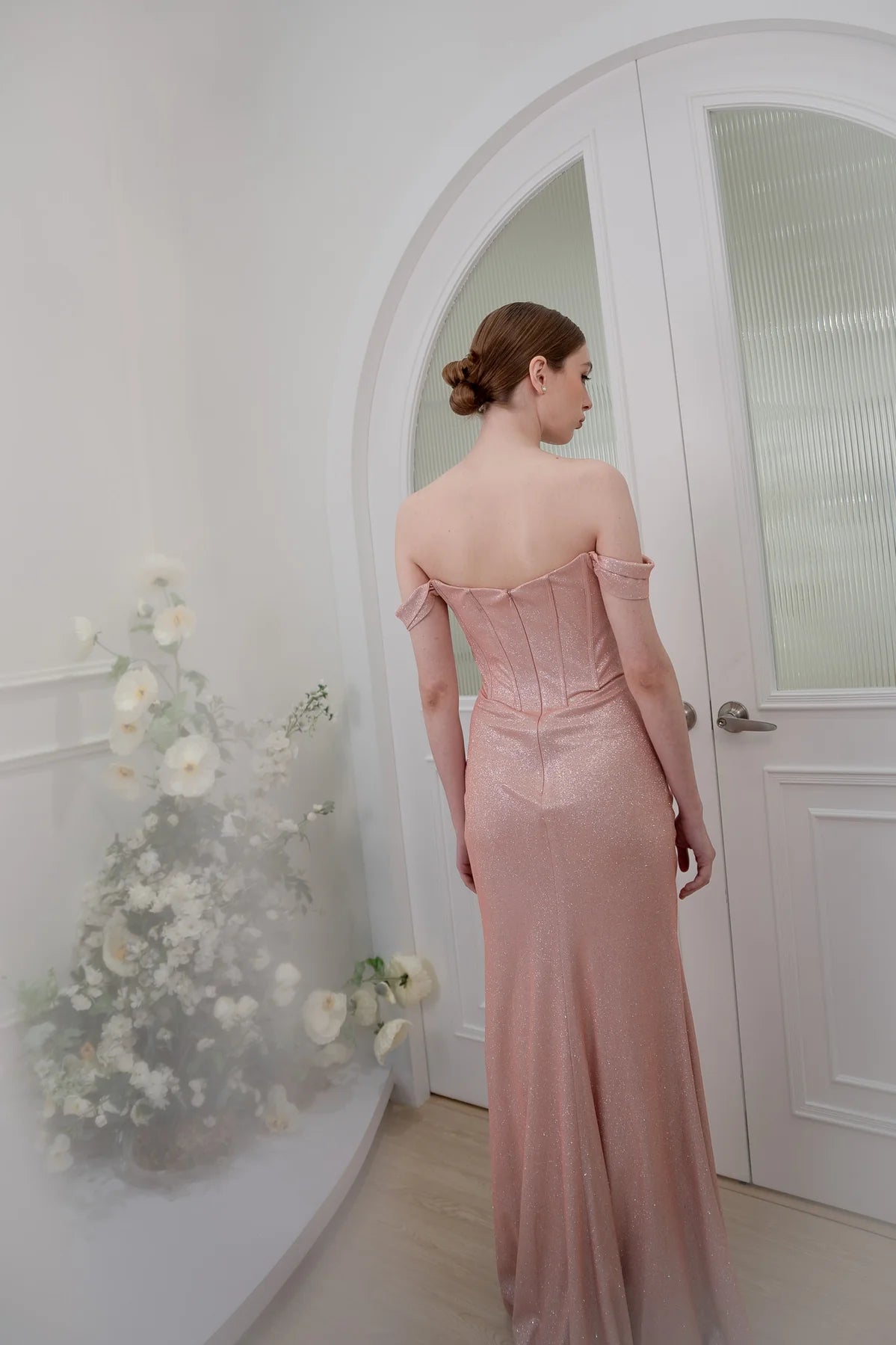 Charming Mermaid Off-Shoulder Ruched Slit Glitter Blush Long Prom Dress