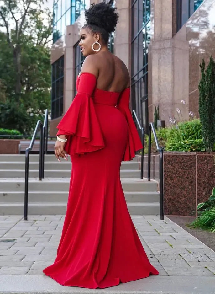 Charming Mermaid Off-The-Shoulder Flare Sleeve Satin Red Long Prom Dress