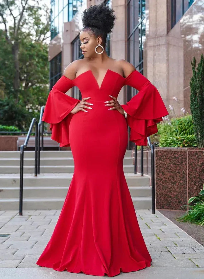 Charming Mermaid Off-The-Shoulder Flare Sleeve Satin Red Long Prom Dress