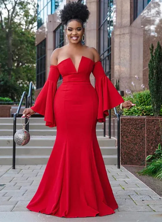 Charming Mermaid Off-The-Shoulder Flare Sleeve Satin Red Long Prom Dress