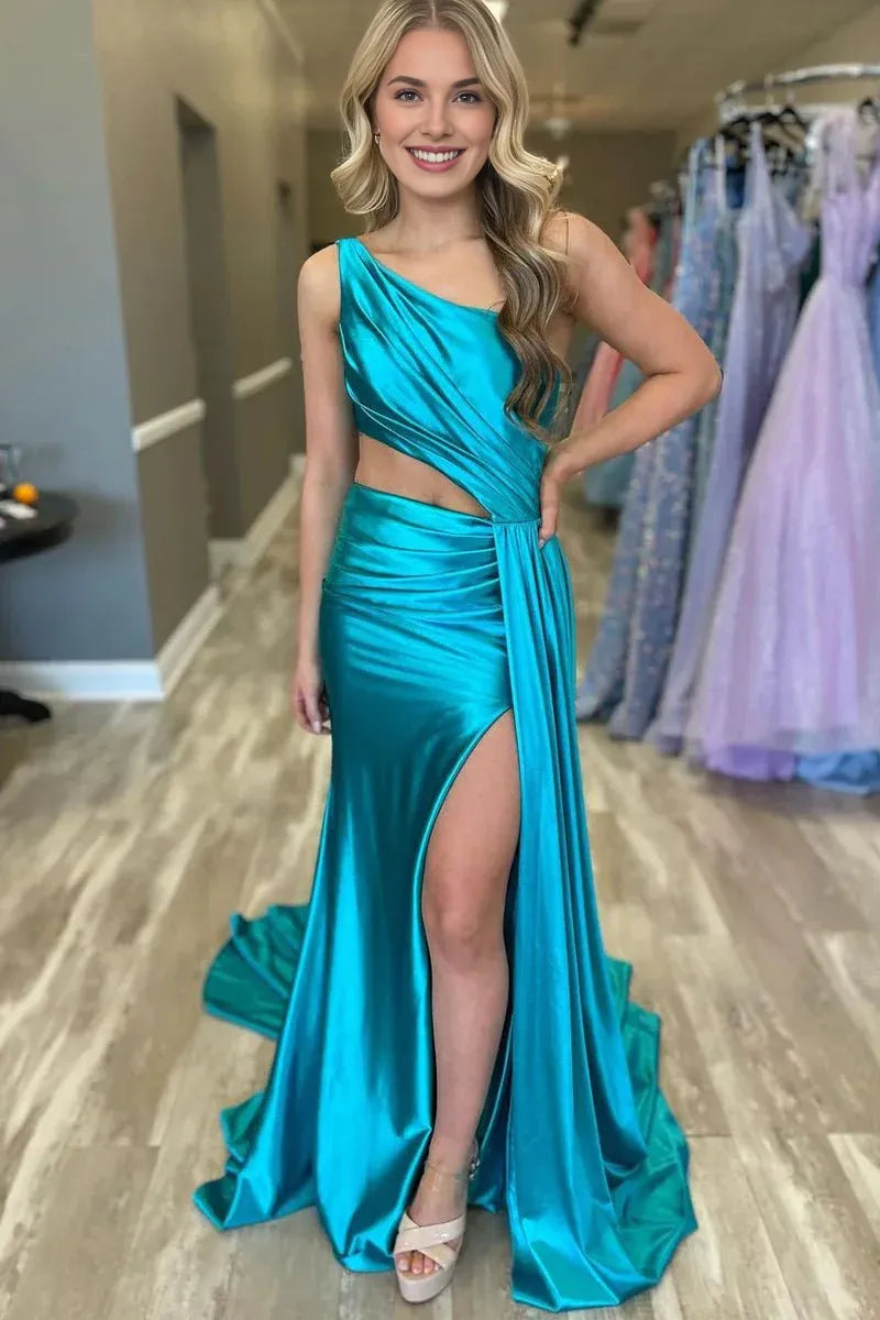 Charming Mermaid One Shoulder Cutout Satin Green Evening Dress With Slit